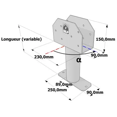 Poteau structurel OSP - D89mm - Platine haute en U 90x230x150mm - Embase rectangulaire 90x250mm