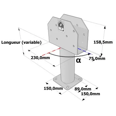 Poteau structurel OSP - D89mm - Platine haute en U 75x230x158,5mm - Embase 150x150mm