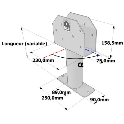 Poteau structurel OSP - D89mm - Platine haute en U 75x230x158,5mm - Embase rectangulaire 90x250mm