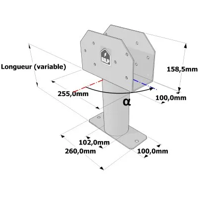 Poteau structurel OSP - D102mm - Platine haute en U 100x255x158,5mm - Embase rectangulaire 100x260mm