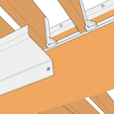 Représentation en 3D : chéneau Blanc 9010 sous les lames et mécanisme SUNDIY en aluminium