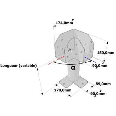 Poteau structurel OSP - D89mm - Platine haute en L 90x174x150mm - Embase en angle 90x170mm